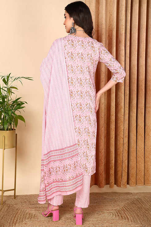 Plus Size Pink Pure Cotton Floral Printed Straight Suit Set
